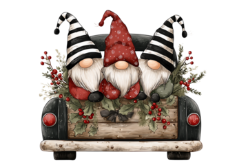 Three gnomes in a truck isolated on a transparent background