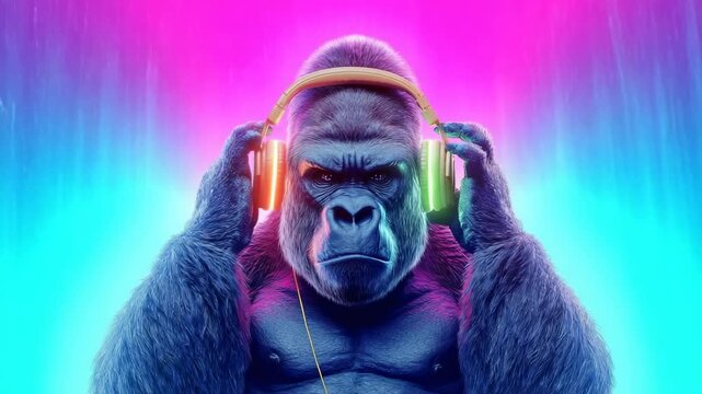 Gorilla wearing neon headphones listening to music with glowing colorful background in digital art
