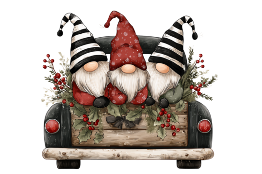 Three gnomes in a truck isolated on a transparent background