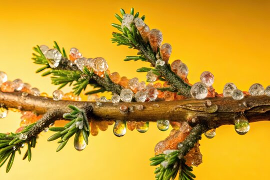 Close-up of fir tree branch with resin and ice drops on needles against bright yellow background, symbolizing nature details, freshness and winter beauty