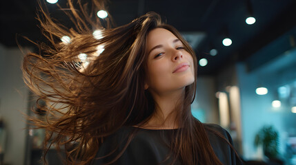 Fototapeta premium Young woman with long hair in motion, showcasing confidence and beauty in a modern indoor setting