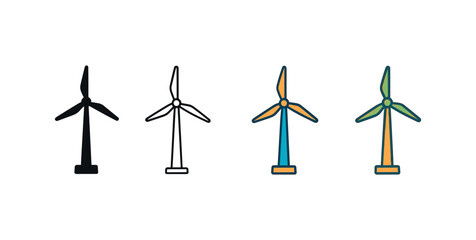 Vector icon windmill farm same pose same proportions four styles black solid glyph outline minimal flat multicolor filled cartoon flat shaded.