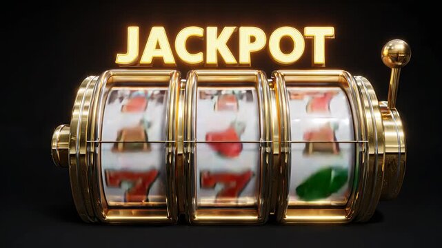 Golden slot machine with glowing jackpot text and lucky winning combination of sevens on black background