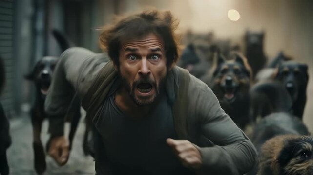 Man with unkempt hair running wildly from approaching aggressive dog pack on a street, fear and desperation video footage.
