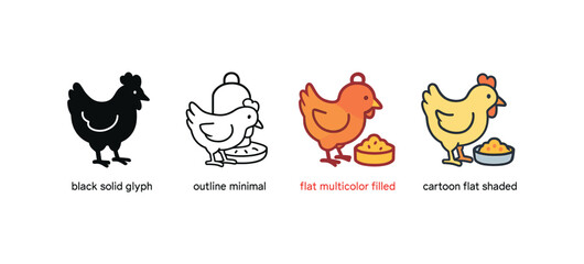 icon chicken feeder same pose same proportions four styles black solid glyph outline minimal flat multicolor filled cartoon flat shaded.