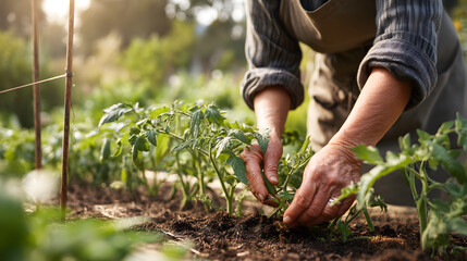 Fototapeta premium Gardener tending to young tomato plants in a vibrant garden during golden hour light