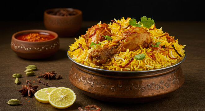 A visually appealing, spicy Indian chicken biryani with aromatic basmati rice, tender chicken pieces, and fresh cilantro, served in a traditional copper handi with exotic spices.