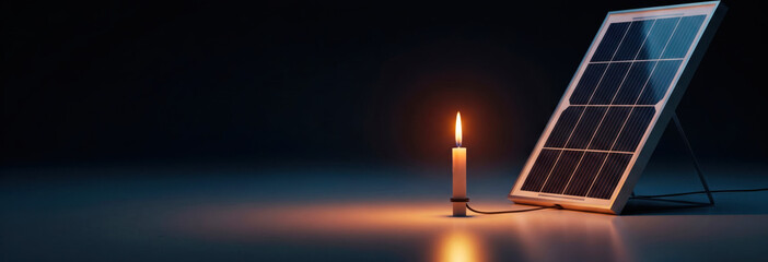 Candle next to solar panel. Space for text.