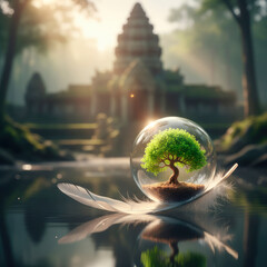 A tree in a glass ball on a feather.