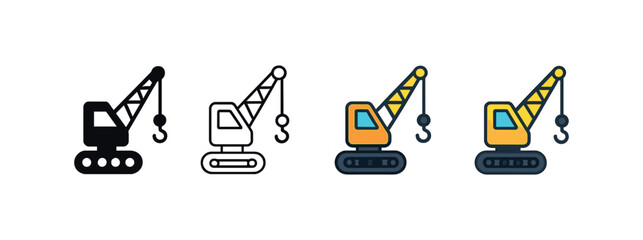 Vector icon crawler crane same pose same proportions four styles black solid glyph outline minimal flat multicolor filled cartoon flat shaded.