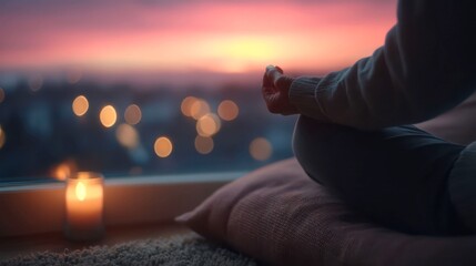 A person is sitting on a pillow with a candle in front of them. The candle is lit and the person is in a relaxed state. Concept of calm and tranquility