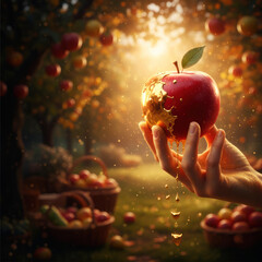 Hand holding golden apple in garden at sunset.