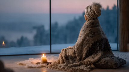 A woman sits in a room with a candle and a blanket. The room is dimly lit, and the woman is in a relaxed state