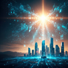 Digital light over a modern city at dawn.