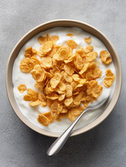 a top shot of a bowl of bran flakes, medium brown color of flakes on top of yogurt in a bowl