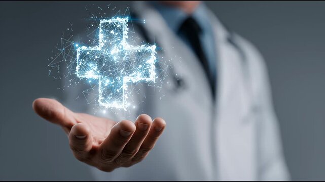 Healthcare Cross Concept: A doctor extends a hand, cradling a glowing, digital cross, symbolizing healthcare innovation and technology, representing medical progress in a conceptual image.