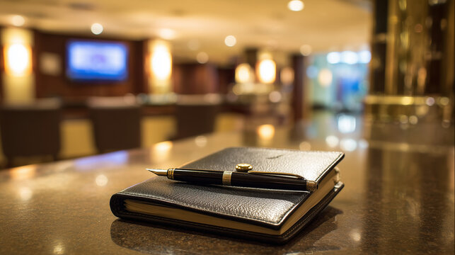 guestbook. Open leather-bound guestbook on a counter with a fountain pen, classic and elegant. lifestyle magazines, social media lookbooks, designed for lifestyle magazines and social media content.