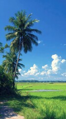 Lush green field, palm trees under blue sky with puffy white clouds