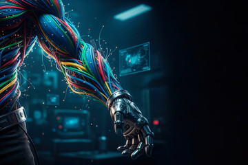 A cybernetic arm made of wires and metal in the laboratory. Space for text.