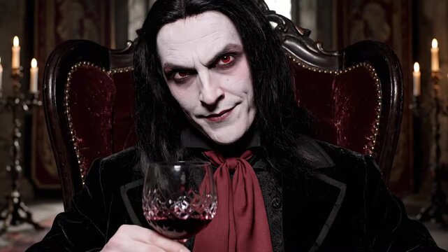 A menacing vampire with pale skin, red eyes, and long black hair drinking a red liquid from wine glass while seated in a grand chair.