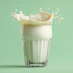 A clear thick fluted glass of plant-based milk splashing slightly over the rim, isolated on a bright pastel green background, soft studio lighting, highly detailed textures on the glass, creamy smooth