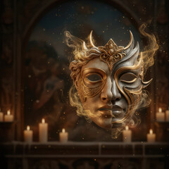 A mask made of metal with gold patterns surrounded by candles.