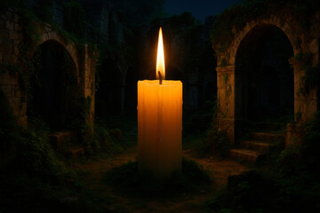 A burning candle among ancient stone ruins at night.
