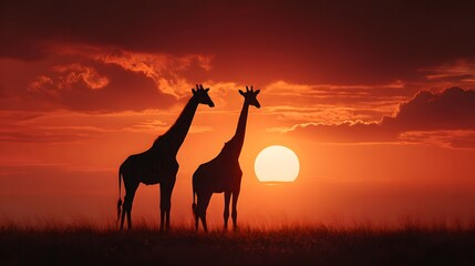 Silhouettes of two giraffes stand gracefully against a vibrant oran...