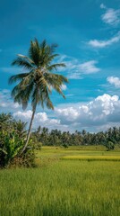 Lush green rice field, palm tree, and blue sky with white clouds