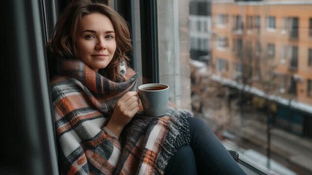 A woman enjoys a peaceful morning while sipping coffee and relaxing by the window in a comfortable setting during winter