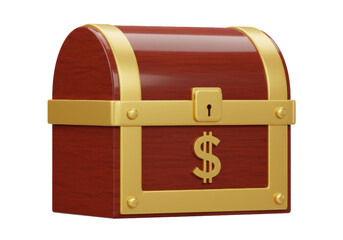 Treasure chest with dollar sign isolated on transparent background, wooden box with golden details for finance and savings
