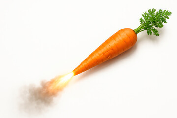 Carrot in the form of a rocket on a white background. Space for text.