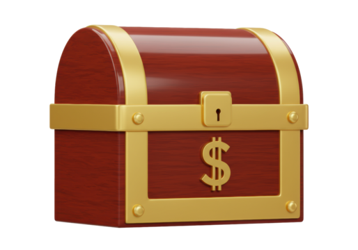 Treasure chest with dollar sign isolated on transparent background, wooden box with golden details for finance and savings