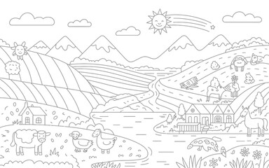 Fototapeta premium Scalable black and white line art illustration of a picturesque rural landscape scene silhouette vector illustration white background