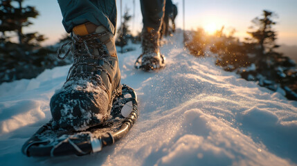 A person is walking on snow with their feet in the snow. The snow is white and fluffy
