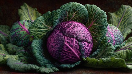 Pop art cabbage with funky green and purple patterns