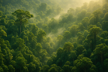 Luftaufnahme eines nebeligen Regenwaldes mit Sonnenlicht