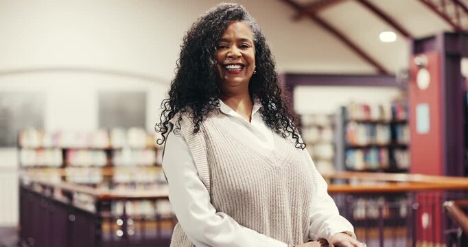 Face, teacher and happy woman in library for knowledge, education and funny. Smile, librarian and mature person in school for learning, academic portrait and professional educator laugh in Brazil