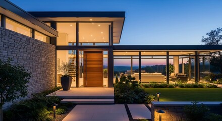 Fototapeta premium Modern Home Exterior at Dusk