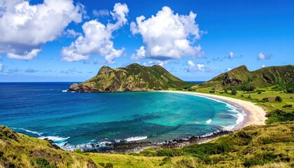 Fototapeta premium Panoramic view of a serene coastal landscape featuring a turquoise ocean, a sandy beach, and lush green hills under a bright blue sky filled with puffy white clouds, showcasing a vibrant and...