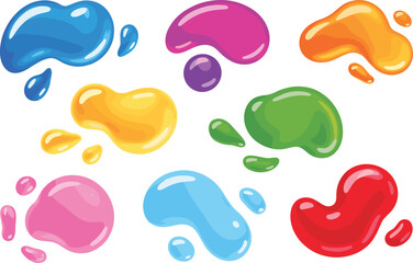 Vibrant paint splashes graphic, multicolored liquid drips, abstract art element, creative design icon, color burst shapes, flat vector illustration