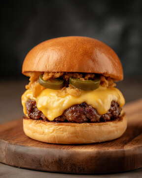 Close-up, centered shot of a spicy gourmet burger on a rustic wooden plate featuring a brioche bun, beef patty, melted pepper jack cheese, sliced jalape&ntilde;os, crispy fried onions, and a drizzle of chipo
