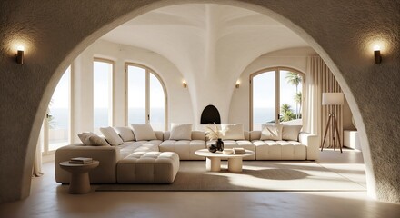 Modern Mediterranean Living Room with Arched Windows and Coastal View