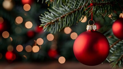 Red christmas ornament hanging on evergreen tree branch