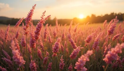 Close up pink flowers and green grass field flower waving against wind in beautiful golden sunset background,
