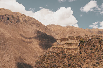 Terraces and ruins at Ollantaytambo archaeological site, Peru.