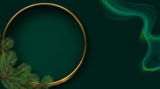 Elegant dark green background with gold frame and abstract flowing elements