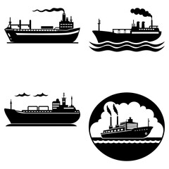Obraz premium Illustration showing four black and white silhouettes of cargo ships and steamships with smoke stacks