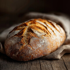 A close-up, high-resolution photo of a freshly baked artisan loaf of bread placed on a rustic wooden surface or light linen. The crust is deeply golden and crackled, with a dusting of flour. The loaf 