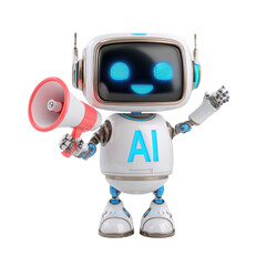 Naklejka premium Friendly AI robot with megaphone on transparent background